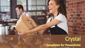 Presentation with waitress - Cool new slide set with cafe - smiling waitress giving paper bag backdrop and a tawny brown colored foreground