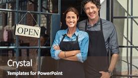  Presentation with man door - PPT layouts with cafe - two cheerful small business owners background and a tawny brown colored foreground