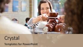 Presentation with coffee shop - Cool new slide deck with cafe - young female customer taking coffee backdrop and a coral colored foreground