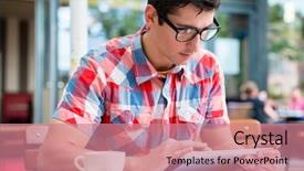  Presentation with biscuit coffee - Slide deck with cafe and reading the news background and a coral colored foreground