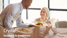  Presentation with thanks you - Colorful presentation enhanced with visitor management - happy young manager taking plate backdrop and a coral colored foreground