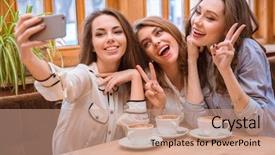  Presentation with women making - Beautiful slide deck featuring cafe and showing peace backdrop and a  colored foreground