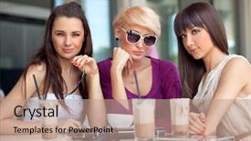  Presentation with three - Colorful slide deck enhanced with cafe coffee day - three beautiful young friends backdrop and a  colored foreground