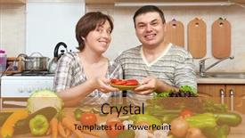  Presentation with fresh fruits and vegetables - Slide deck consisting of cafe de zanahoria - couple cooking in kitchen interior background and a gold colored foreground