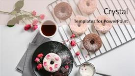  Presentation with coffee donuts - Audience pleasing PPT layouts consisting of cafe de zanahoria - delicious donuts flowers and cup backdrop and a soft green colored foreground