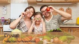  Presentation with children and food - Audience pleasing PPT theme consisting of cafe de zanahoria - family cooking in kitchen interior backdrop and a  colored foreground