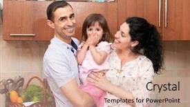  Presentation with fresh fruits vegetables dairy meat - Beautiful theme featuring cafe de zanahoria - family portrait in kitchen interior backdrop and a  colored foreground