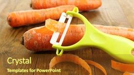  Presentation with empty of wood table top - Beautiful PPT theme featuring cafe de zanahoria - raw carrots and peeler backdrop and a  colored foreground