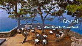  Presentation with cafe - Presentation theme consisting of cafe-in-island-sveti-stefan background and a ocean colored foreground