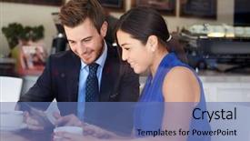  Presentation with coffee shop - Presentation design featuring cafe rencontre - businessman and businesswoman meeting background and a  colored foreground