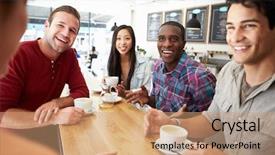  Presentation with coffee shop - Slide deck consisting of cafe rencontre - group of friends meeting background and a coral colored foreground