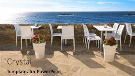  Presentation with europe - PPT theme having cafe-terrace-by-the-seaside background and a coral colored foreground