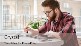  Presentation with photo - Cool new PPT layouts with cafe while using tablet backdrop and a coral colored foreground