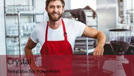  Presentation with cafe - Slide deck having business uniform - handsome barista smiling background and a tawny brown colored foreground
