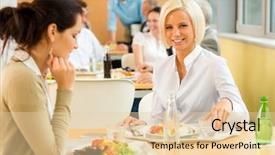  Presentation with canteen - Colorful presentation theme enhanced with cafeteria lunch young business woman backdrop and a  colored foreground