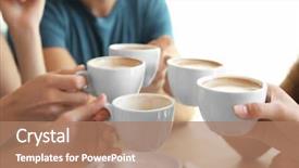  Presentation with cafe - Beautiful presentation theme featuring caffeine drinks - friends drinking coffee in cafe backdrop and a coral colored foreground