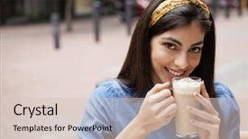  Presentation with cold coffee - Theme consisting of caffeine drinks - portrait of smiling beautiful woman background and a soft green colored foreground