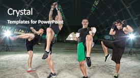  Presentation with boxing - Amazing PPT theme having caixoeiras - four men practicing kick boxing backdrop and a  colored foreground