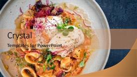  Presentation with chemomile herbs - Theme with cajun pasta - braised codfish filet and lettuce background and a  colored foreground