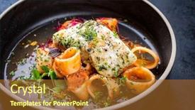  Presentation with noodles and condiments - Slide deck enhanced with cajun pasta - braised codfish filet with calamarata background and a  colored foreground