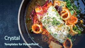  Presentation with noodles manufacturing - Colorful PPT theme enhanced with cajun pasta - steamed codfish filet with calamarata backdrop and a ocean colored foreground