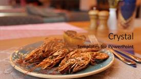  Presentation with target setting - Slide deck consisting of cajun restaurant - big fried shrimps on plate background and a  colored foreground