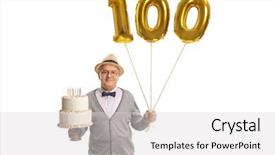  Presentation with birthday cake - PPT layouts consisting of cake and golden number hundred background and a light gray colored foreground