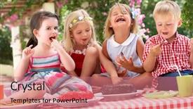  Presentation with tea cake - PPT theme consisting of cake at outdoor tea party background and a coral colored foreground