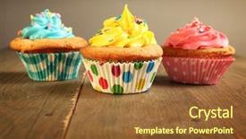  Presentation with ice cream cake - Colorful PPT theme enhanced with cake ice cream - three different colors cupcakes backdrop and a tawny brown colored foreground