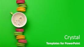  Presentation with green coffee - Presentation theme with cake macaron or macaroon sweets and coffee on green backdrop with copy space top view flat lay background and a shamrock green colored foreground