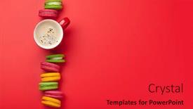  Presentation with cup cake - Cool new slide deck with cake-macaron-or-macaroon-sweets backdrop and a red colored foreground