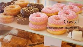  Presentation with donuts - Slides enhanced with cake shop - delicious donuts on store shelves background and a coral colored foreground