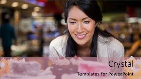  Presentation with supermarket - Presentation theme having cake shop - happy woman selecting desserts background and a coral colored foreground