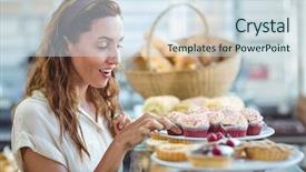  Presentation with cupcake - Cool new presentation design with cake shop - pretty brunette choosing cupcake backdrop and a sky blue colored foreground