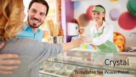  Presentation with ice cream cake - PPT theme with cake shop - smiling man buying ice cream background and a coral colored foreground