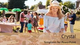  Presentation with busy - Theme featuring busy summer garden fete background and a coral colored foreground