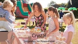  Presentation with busy - Amazing slides having busy summer garden fete backdrop and a coral colored foreground