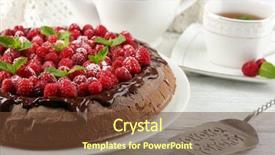  Presentation with tea cake - Slides having cake with chocolate glaze and raspberries and cup of tea on color wooden background background and a tawny brown colored foreground