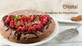  Presentation with cup cake - Amazing slide set having cake with chocolate glaze and raspberries and cup of tea on color wooden background backdrop and a lemonade colored foreground