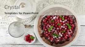  Presentation with tea cake - Presentation theme featuring cake with chocolate glaze and raspberries and cup of tea on color wooden background background and a soft green colored foreground