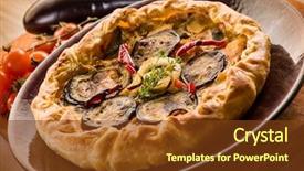  Presentation with capsicum - Colorful presentation theme enhanced with cake with ricotta eggplants and capsicum vegetarian food backdrop and a tawny brown colored foreground