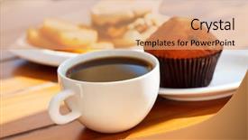  Presentation with breakfast - Beautiful PPT theme featuring cakes coffee - breakfast backdrop and a coral colored foreground