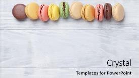  Presentation with sweet - Audience pleasing PPT theme consisting of cakes coffee - colorful macaroons on wooden table backdrop and a sky blue colored foreground