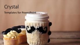  Presentation with knitted knitting needle - Slides having cakes coffee - cup with knitted cover background and a coral colored foreground