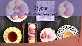  Presentation with dessert - PPT theme with cakes coffee - french delicious dessert macaroons background and a light blue colored foreground