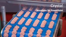  Presentation with confectionery - Audience pleasing presentation theme consisting of cakes on automatic conveyor belt process of baking in confectionery factory backdrop and a gray colored foreground