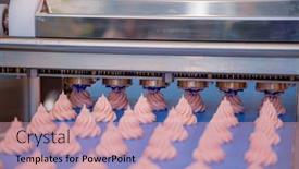  Presentation with conveyor belt - Presentation featuring cakes on automatic conveyor belt process of baking in confectionery factory background and a coral colored foreground