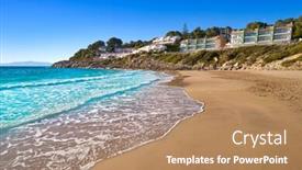  Presentation with beach - Slide deck having cala-crancs-salou-beach background and a coral colored foreground