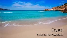  Presentation with little beach cala esmeralda cala - Presentation with cala tarida in ibiza beach background and a coral colored foreground