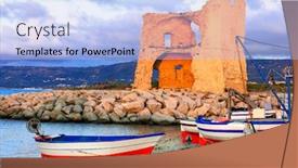  Presentation with fishing boats - Amazing PPT theme having calabria-italy-picturesque-beach-scenery backdrop and a light blue colored foreground